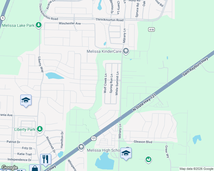 map of restaurants, bars, coffee shops, grocery stores, and more near 3712 Spring Run Lane in Melissa