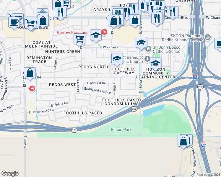 map of restaurants, bars, coffee shops, grocery stores, and more near 16421 South 46th Place in Phoenix