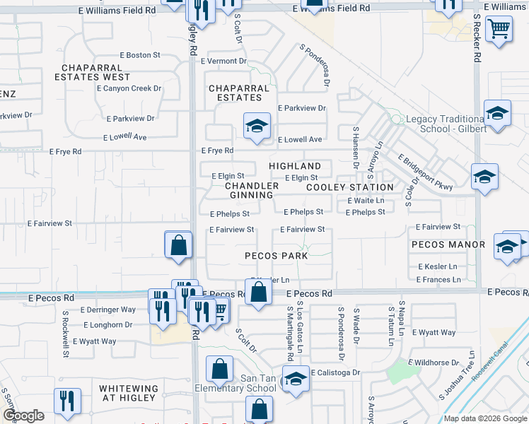 map of restaurants, bars, coffee shops, grocery stores, and more near 2947 South Martingale Road in Gilbert