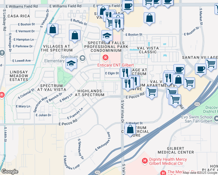 map of restaurants, bars, coffee shops, grocery stores, and more near 1480 East Pecos Road in Gilbert
