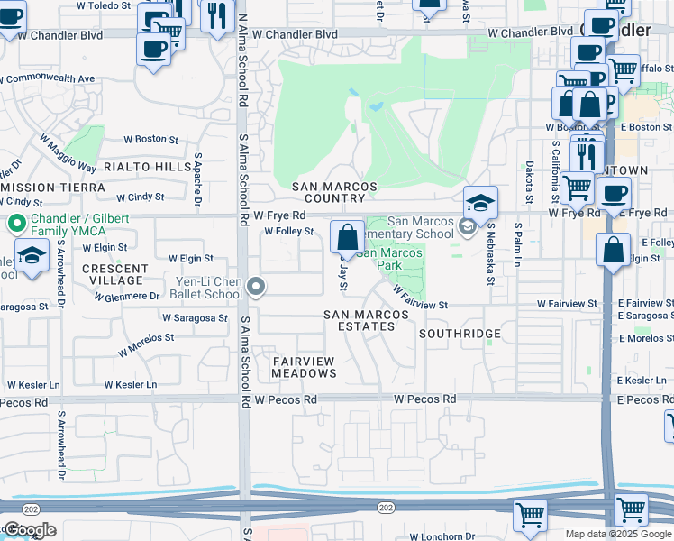 map of restaurants, bars, coffee shops, grocery stores, and more near 505 South Camellia Drive in Chandler