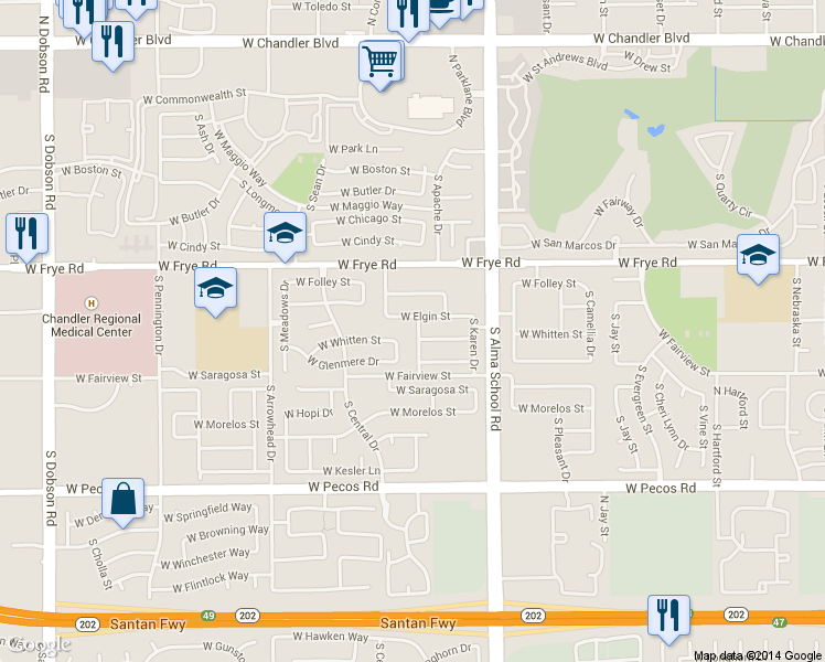 map of restaurants, bars, coffee shops, grocery stores, and more near 1145 West Elgin Street in Chandler