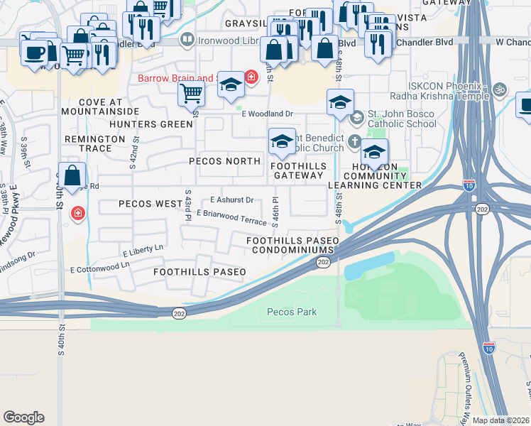 map of restaurants, bars, coffee shops, grocery stores, and more near 4539 East Ashurst Drive in Phoenix