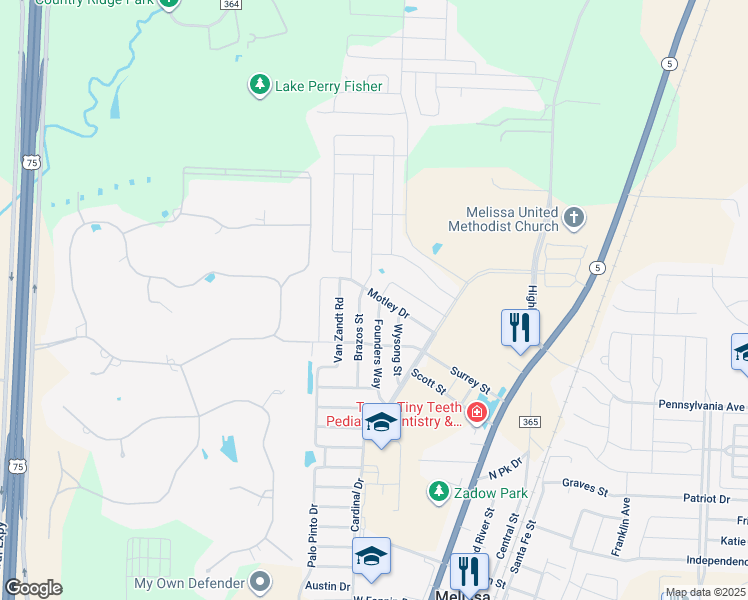 map of restaurants, bars, coffee shops, grocery stores, and more near 1214 Coleman Drive in Melissa