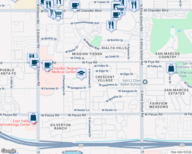 map of restaurants, bars, coffee shops, grocery stores, and more near 421 South Meadows Drive in Chandler