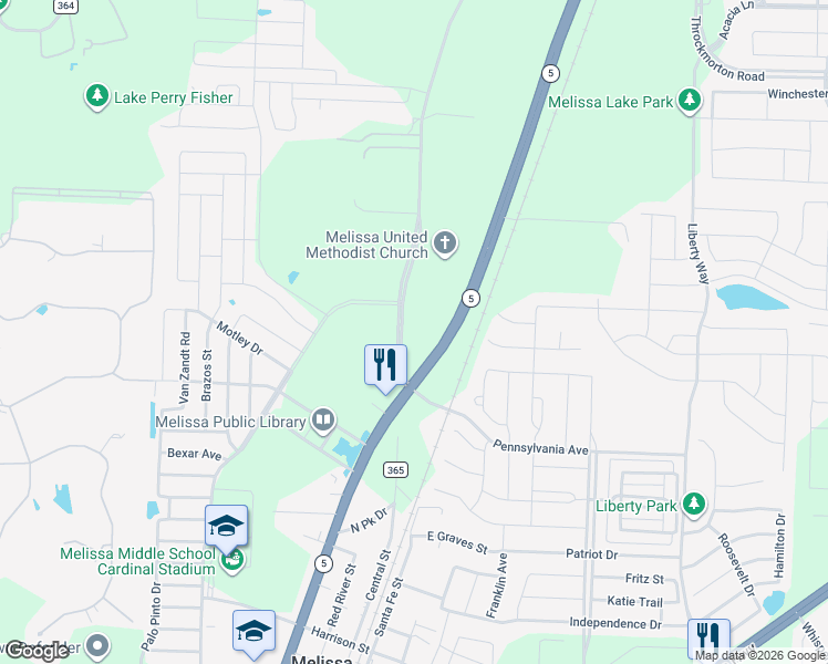 map of restaurants, bars, coffee shops, grocery stores, and more near 3707 McKinney Street in Melissa