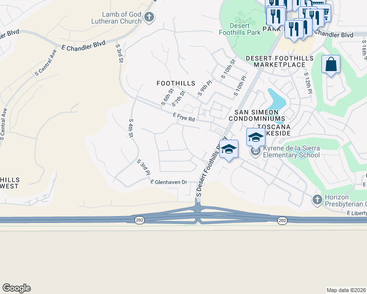 map of restaurants, bars, coffee shops, grocery stores, and more near 16414 South 8th Way in Phoenix
