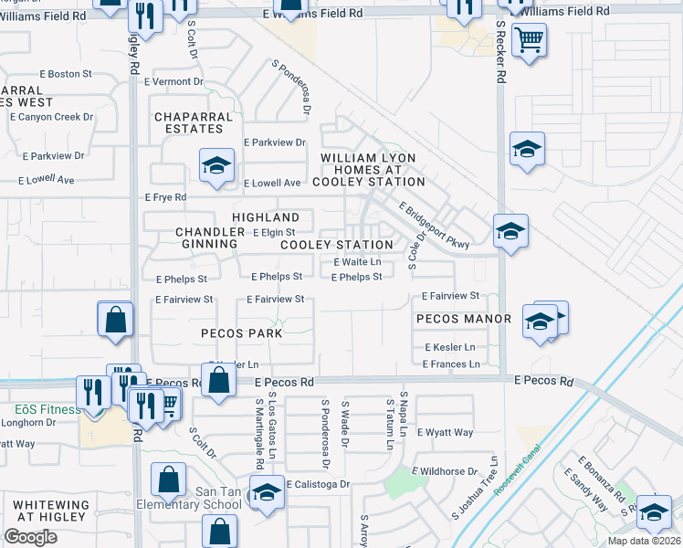 map of restaurants, bars, coffee shops, grocery stores, and more near 3661 East Waite Lane in Gilbert