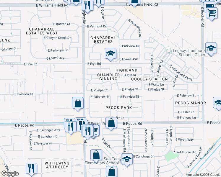 map of restaurants, bars, coffee shops, grocery stores, and more near 2947 South Martingale Road in Gilbert