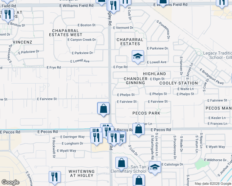 map of restaurants, bars, coffee shops, grocery stores, and more near 3247 East Hopkins Road in Gilbert