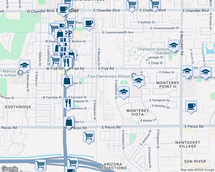 map of restaurants, bars, coffee shops, grocery stores, and more near 407 South Hidalgo Road in Chandler