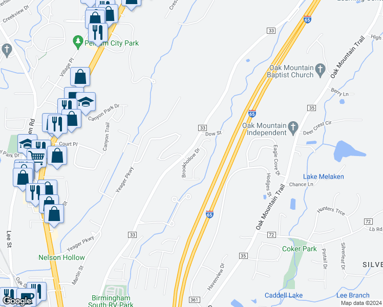 map of restaurants, bars, coffee shops, grocery stores, and more near 194 Brookhollow Drive in Pelham