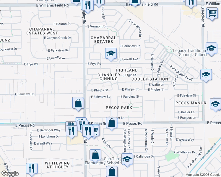 map of restaurants, bars, coffee shops, grocery stores, and more near 2947 South Martingale Road in Gilbert
