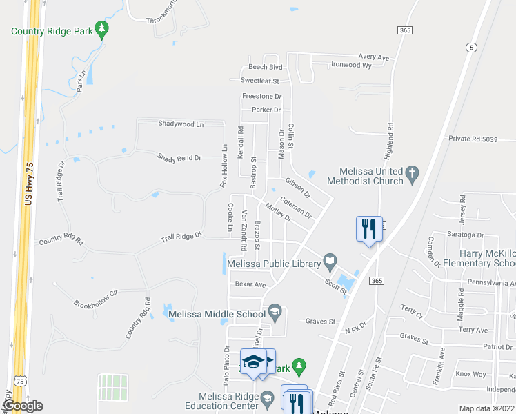 map of restaurants, bars, coffee shops, grocery stores, and more near 3525 Brazos Street in Melissa