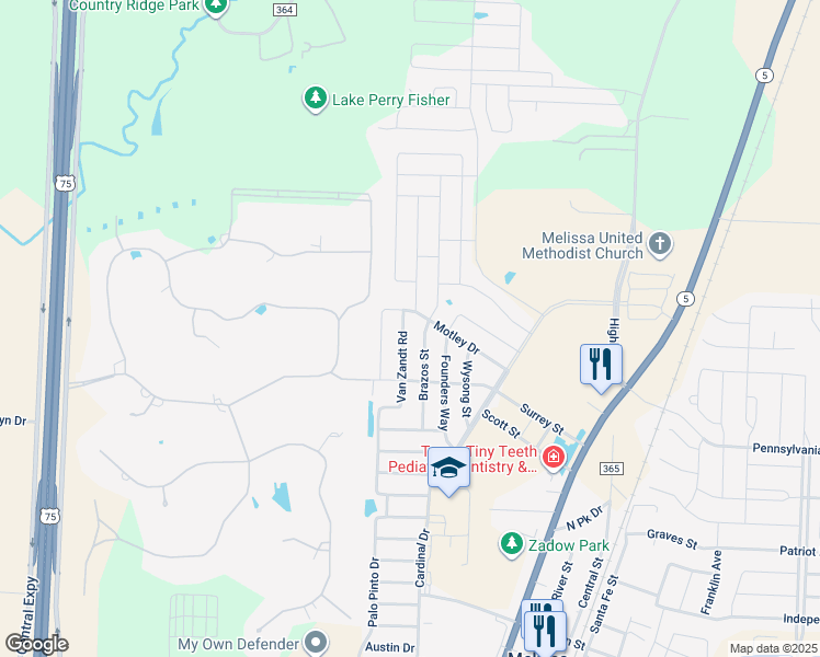 map of restaurants, bars, coffee shops, grocery stores, and more near 3525 Brazos Street in Melissa