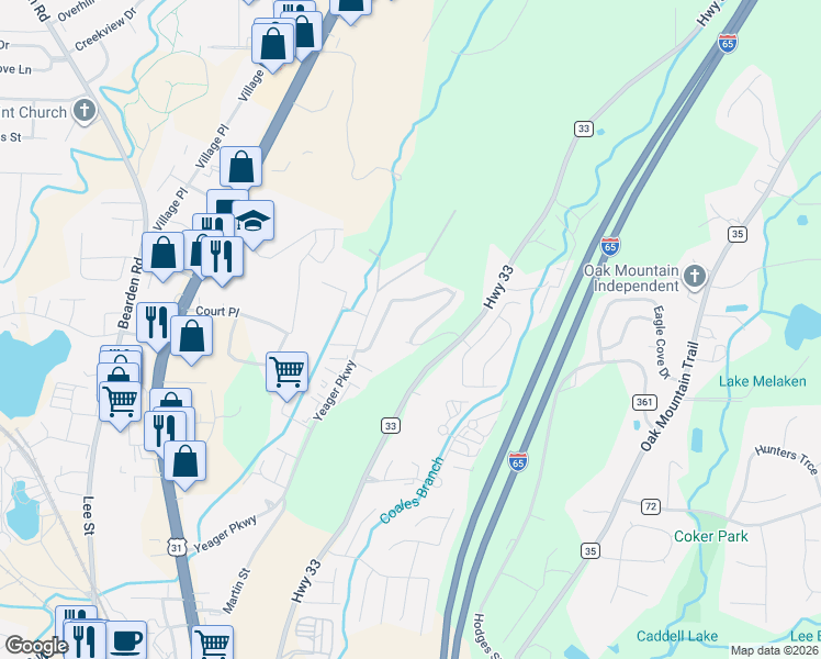 map of restaurants, bars, coffee shops, grocery stores, and more near 227 Cambrian Ridge Trail in Pelham