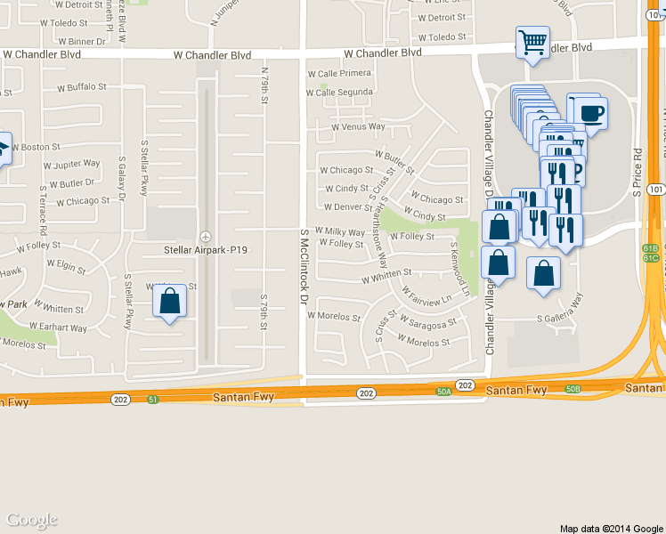 map of restaurants, bars, coffee shops, grocery stores, and more near 3834 West Elgin Street in Chandler
