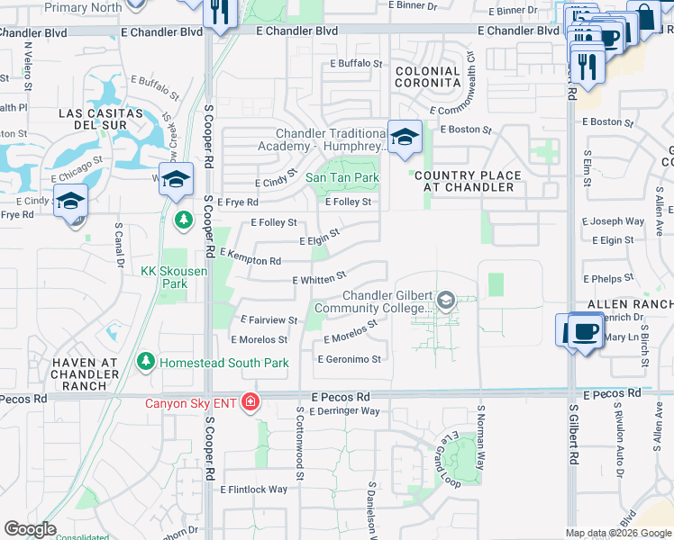 map of restaurants, bars, coffee shops, grocery stores, and more near 2390 East Whitten Street in Chandler