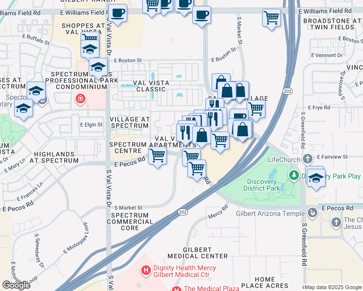 map of restaurants, bars, coffee shops, grocery stores, and more near 3131 South Market Street in Gilbert