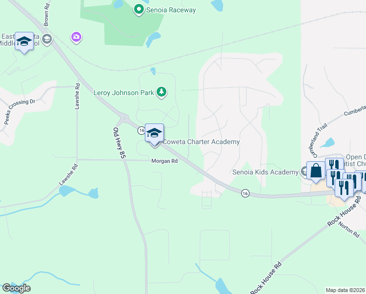 map of restaurants, bars, coffee shops, grocery stores, and more near 6762 Georgia 16 in Senoia