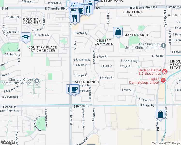 map of restaurants, bars, coffee shops, grocery stores, and more near 2906 South Birch Street in Gilbert