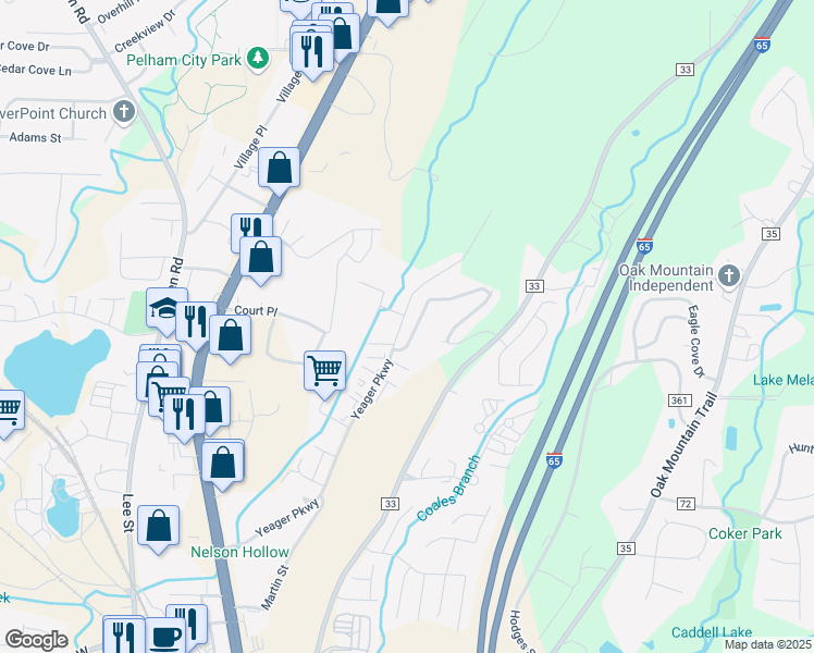 map of restaurants, bars, coffee shops, grocery stores, and more near 448 Cambrian Ridge Trail in Pelham