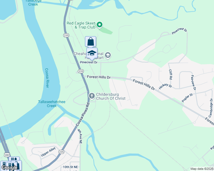 map of restaurants, bars, coffee shops, grocery stores, and more near 56 Mimosa Drive in Childersburg