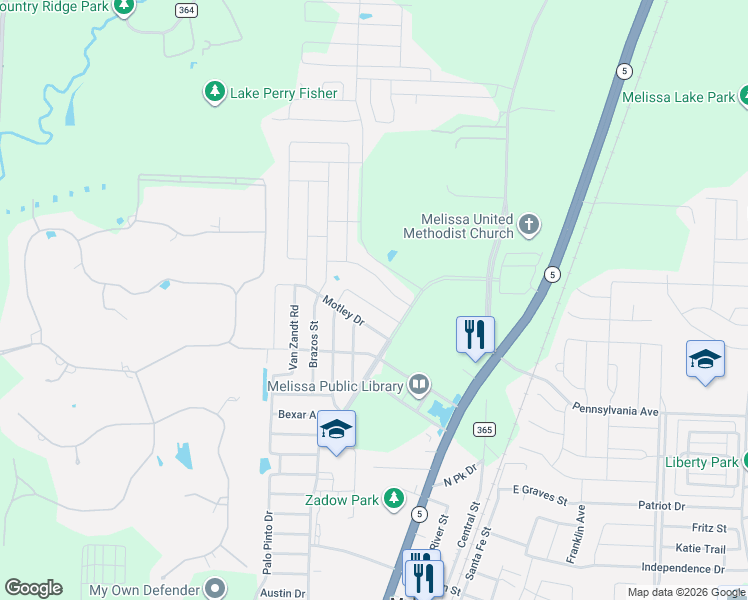 map of restaurants, bars, coffee shops, grocery stores, and more near 1301 Coleman Drive in Melissa