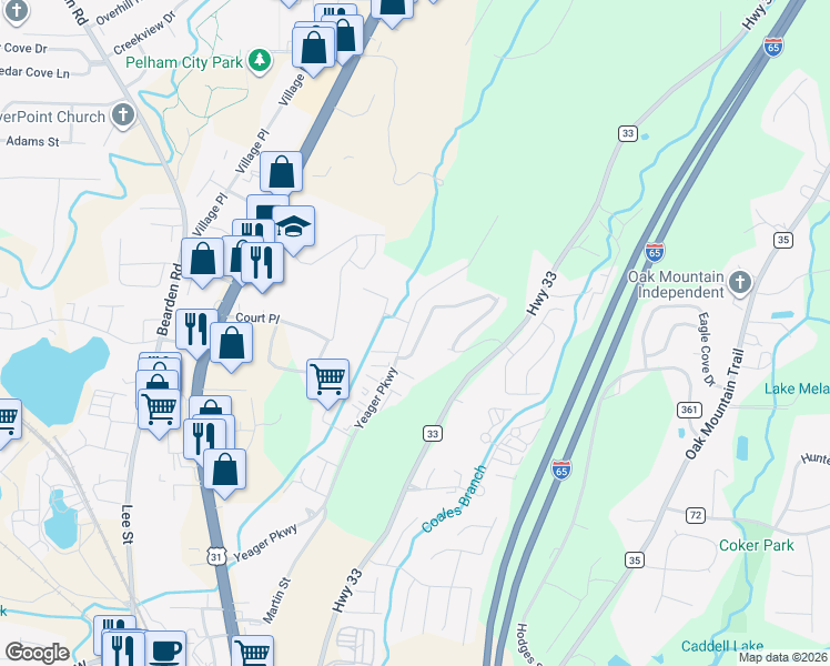 map of restaurants, bars, coffee shops, grocery stores, and more near 444 Cambrian Ridge Trail in Pelham