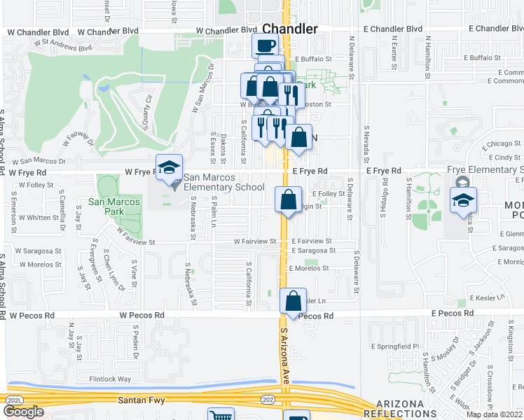 map of restaurants, bars, coffee shops, grocery stores, and more near 125 West Elgin Street in Chandler