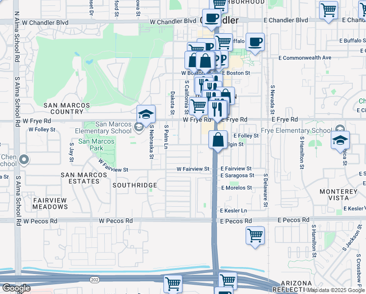 map of restaurants, bars, coffee shops, grocery stores, and more near 261 West Elgin Street in Chandler