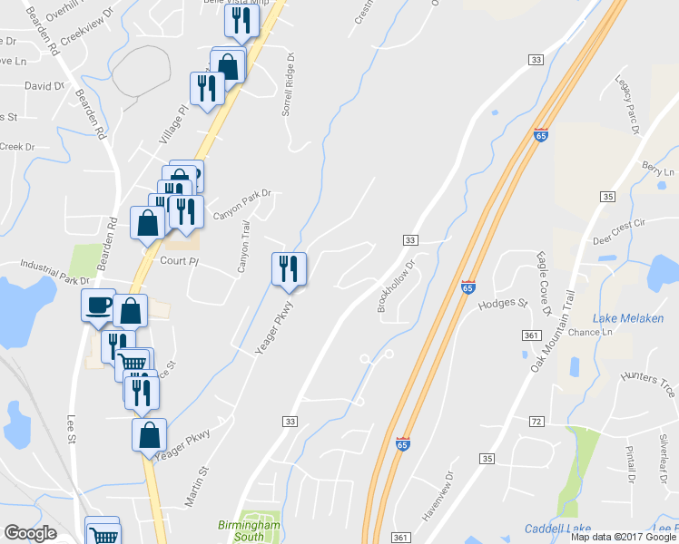 map of restaurants, bars, coffee shops, grocery stores, and more near 227 Cambrian Ridge Trail in Pelham