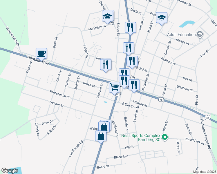 map of restaurants, bars, coffee shops, grocery stores, and more near 3069 Main Highway in Bamberg
