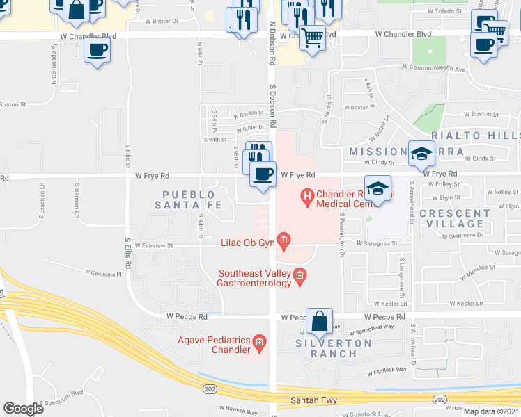 map of restaurants, bars, coffee shops, grocery stores, and more near 2066 West Elgin Street in Chandler