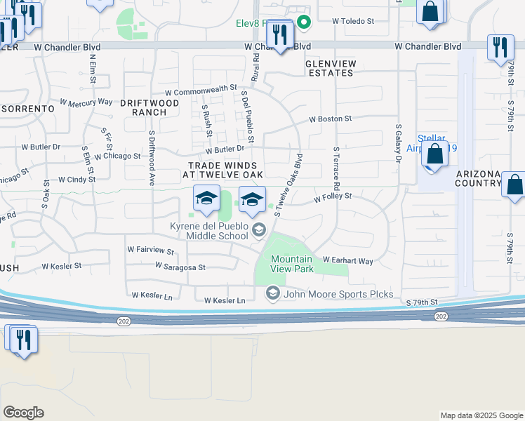 map of restaurants, bars, coffee shops, grocery stores, and more near 360 South 12 Oaks Boulevard in Chandler