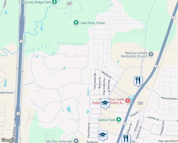 map of restaurants, bars, coffee shops, grocery stores, and more near 3523 Cooke Lane in Melissa