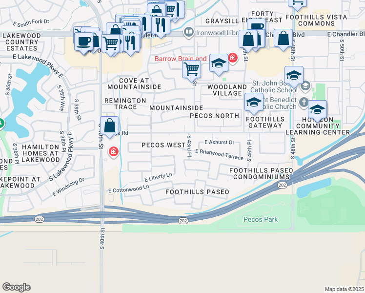 map of restaurants, bars, coffee shops, grocery stores, and more near 16415 South 43rd Place in Phoenix