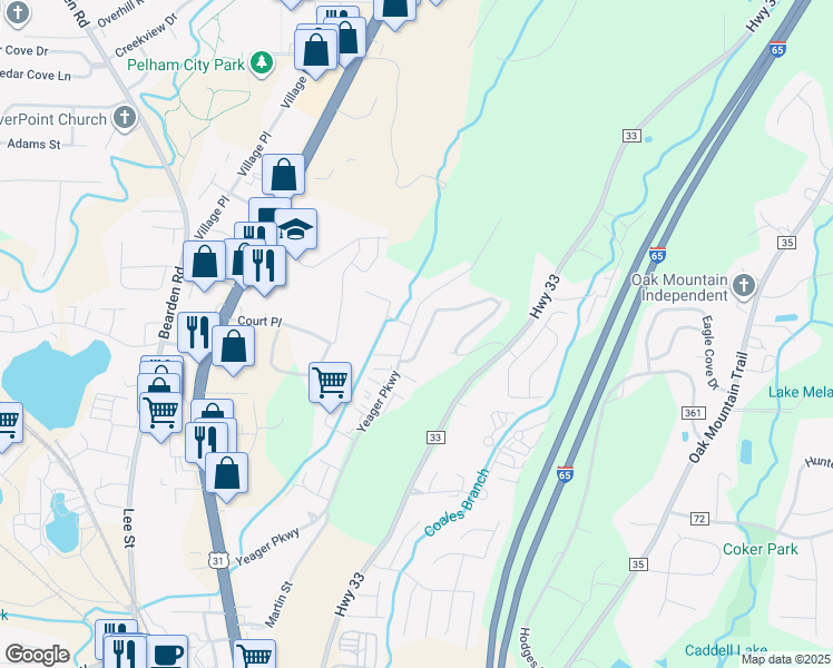 map of restaurants, bars, coffee shops, grocery stores, and more near 444 Cambrian Ridge Trail in Pelham