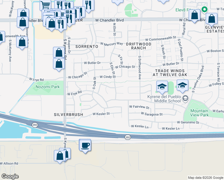 map of restaurants, bars, coffee shops, grocery stores, and more near 5607 West Folley Street in Chandler
