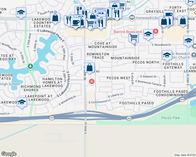 map of restaurants, bars, coffee shops, grocery stores, and more near 16418 South 41st Street in Phoenix