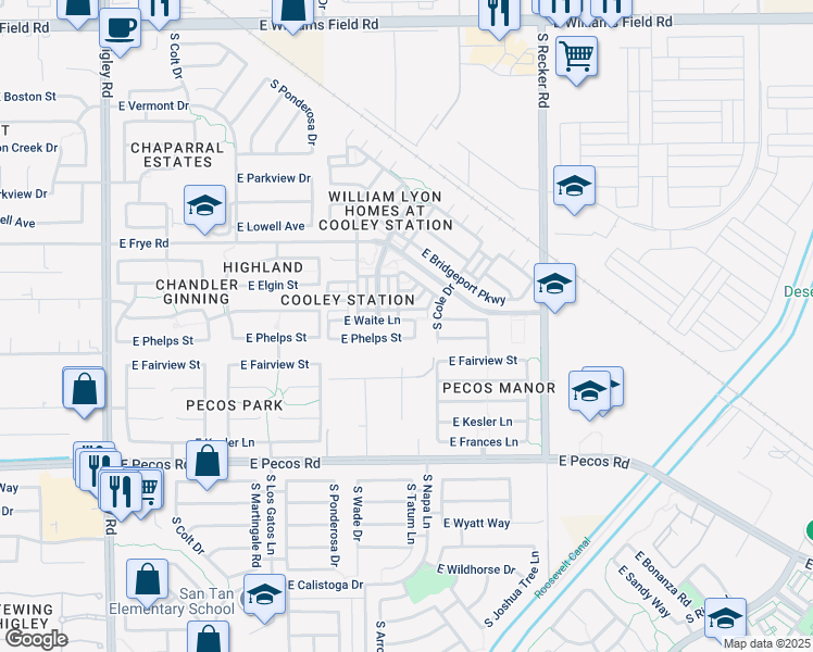 map of restaurants, bars, coffee shops, grocery stores, and more near 3731 East Waite Lane in Gilbert