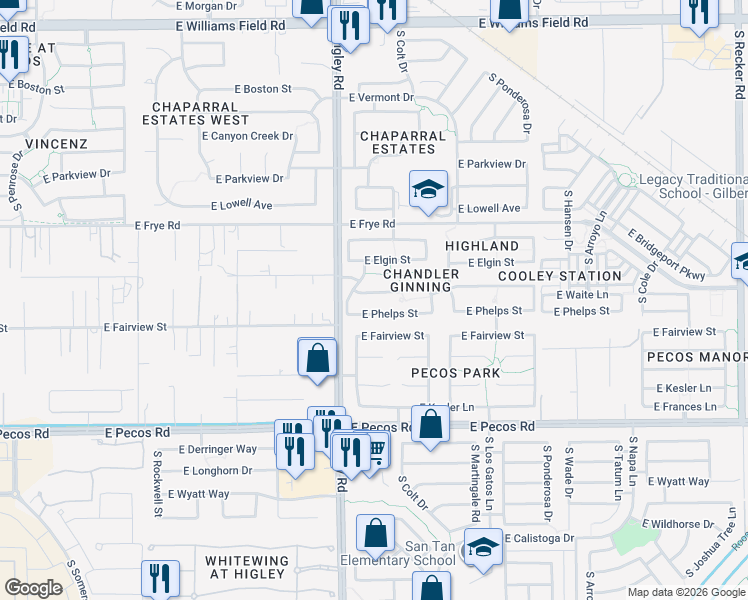 map of restaurants, bars, coffee shops, grocery stores, and more near 3247 East Hopkins Road in Gilbert