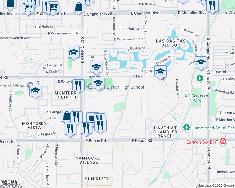 map of restaurants, bars, coffee shops, grocery stores, and more near 1344 East Whitten Place in Chandler