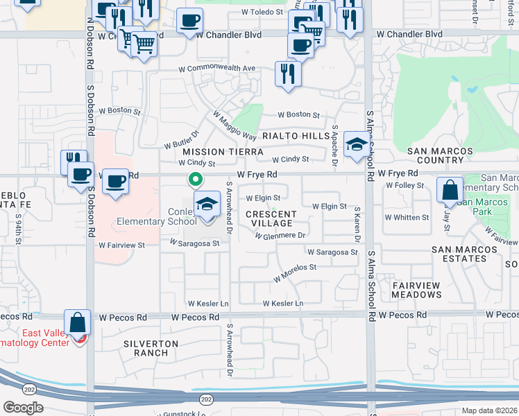 map of restaurants, bars, coffee shops, grocery stores, and more near 1410 West Camino Court in Chandler