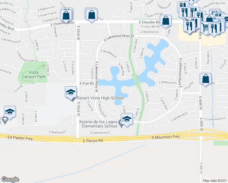 map of restaurants, bars, coffee shops, grocery stores, and more near 16427 South 34th Way in Phoenix