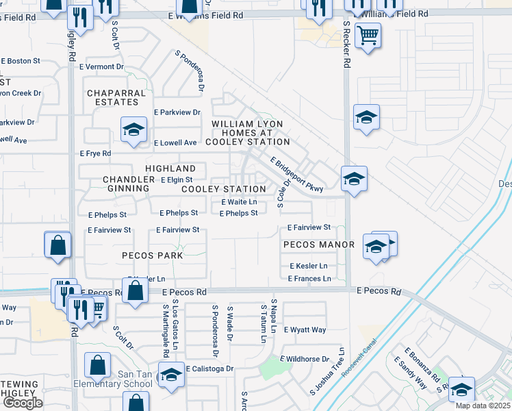 map of restaurants, bars, coffee shops, grocery stores, and more near 3731 East Waite Lane in Gilbert