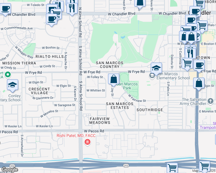 map of restaurants, bars, coffee shops, grocery stores, and more near 505 South Camellia Drive in Chandler