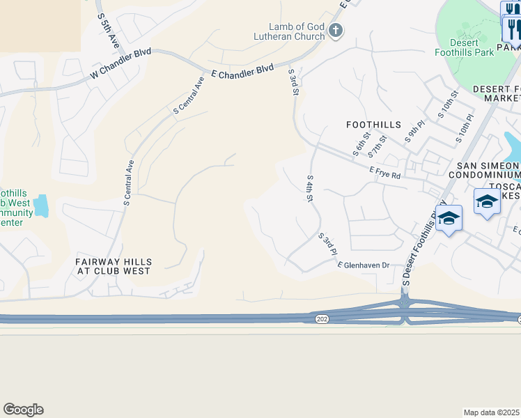 map of restaurants, bars, coffee shops, grocery stores, and more near 16427 South 2nd Place in Phoenix