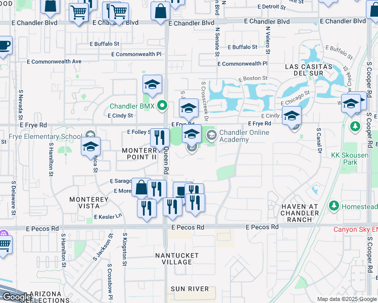 map of restaurants, bars, coffee shops, grocery stores, and more near 401 South McQueen Road in Chandler