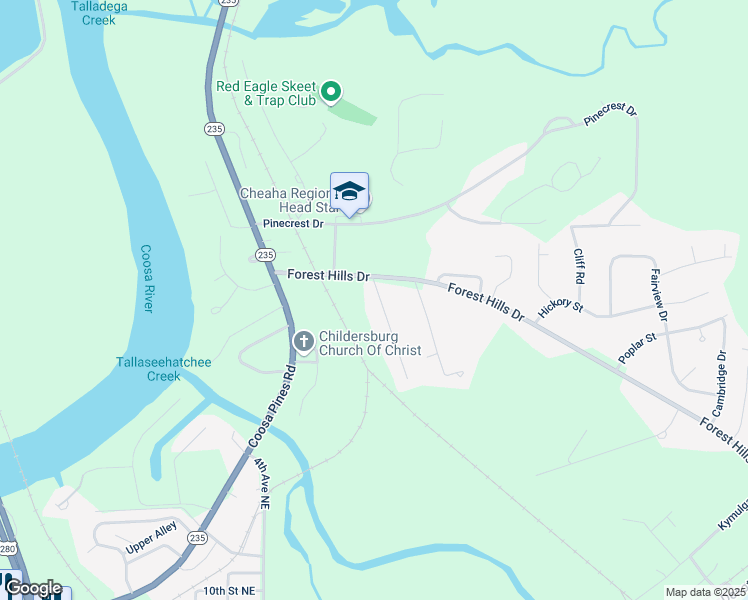 map of restaurants, bars, coffee shops, grocery stores, and more near 56 Mimosa Drive in Childersburg